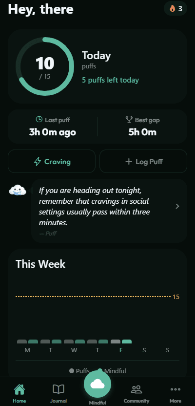 Cirrus quit vaping app dashboard showing live timer, savings tracker, and craving patterns